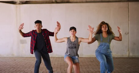 Wall Mural - Dancer friends, street and together for hip hop, moving or steps for performance, diversity or fitness. Women, man or group for dancing team, crew or concert on metro sidewalk for culture in New York