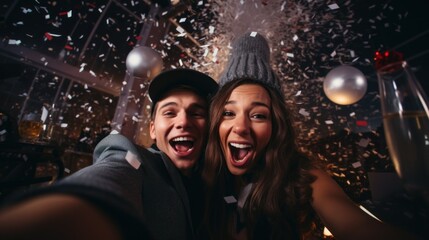 Wall Mural - A man and woman taking a selfie with confetti