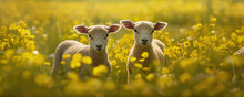Two Sheep In The Meadow Full Of Yellow Flowers. Space For Description. Generative Ai