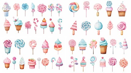 Wall Mural - watercolor style illustration of cute cartoon lollipop candy collection set, Generative Ai	
