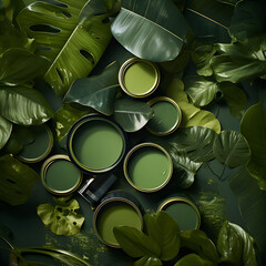 Wall Mural -  green paint in cans on leaves,pastel colors,minimal composition,summer concept