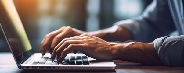 Closely. The hands of a businessman type on the laptop keyboard. generative ai