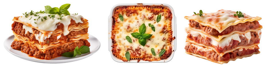 Wall Mural - Pasta collection with three lasagna al forno (on plate, in casserole, single piece) isolated on white background, AI generated food bundle