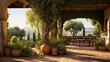 mediterranean garden with terracotta pots, olive trees, grapevines, copy space, 16:9