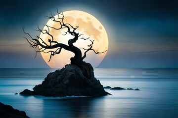 Wall Mural - Beneath the moon's glow, a haunting tree stands on a rock amidst the boundless sea - AI Generative