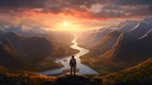 Panoramic View Of A Hiker Standing On A Mountain Summit At Sunrise, Concept: Hiking, Freedom. Copy Space, 16:9