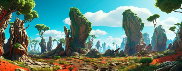 Wall Mural - Wide-angle shot of an alien planet landscape. Breathtaking panorama of a desert planet with alien greenery and strange rock formations. Fantastic extraterrestrial landscape. Sci-fi wallpaper.