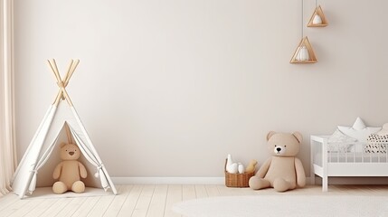 Aufkleber - Empty white wall in modern child room. Mock up interior in scandinavian, boho style. Copy space for your picture or poster. Bed, armchair, toys, rattan basket. Cozy room for kids. 3D rendering.