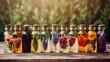 Different wildflowers bottle natural rustic background. Ayurveda Alternative Medicine Spa Wellness Herbal Health Wellbeing Aromatic Aromatherapy Phytotherapy Homeopathy Pharmacy Body Care Concept