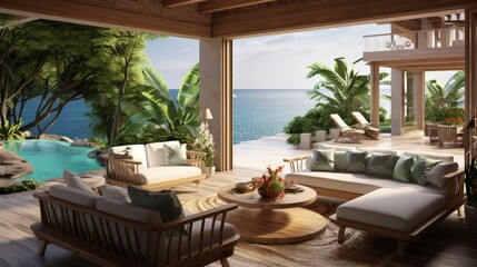 Wall Mural - Tropical luxury villa interior, living room with sea view veranda