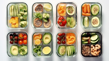 Wall Mural - Healthy food in glass lunch boxes on white background close up, top view.