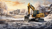 Yellow Excavator Digs The Ground At A Construction Site In Winter Against The Background Of A New House
