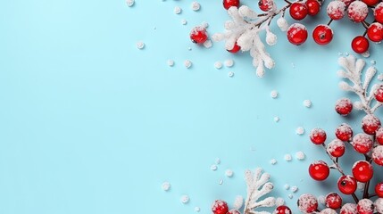 Poster - Christmas or winter composition. Frame made of snowflakes and red berries on pastel blue background. Christmas, winter, new year concept. Flat lay, top view, copy space