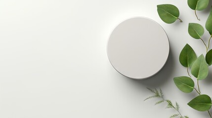 Poster - Empty round podium and green leaves on light grey background top view. Pedestal and fresh natural branches for cosmetic marketing. Eco product presentation or sale mockup. Top view. Minimal flat lay.