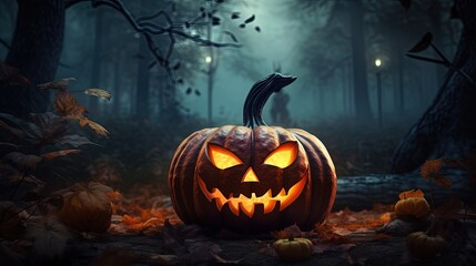 Sticker - Halloween pumpkin. Scary pumpkin on table. Halloween background. Pumpkins in forest