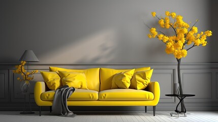 Aufkleber - Monochrome yellow interior. Sofa, floor lamp and indoor flower. 3D visualization
