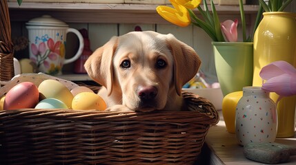 Sticker - Cute Labrador dog lying in kitchen. Easter celebration