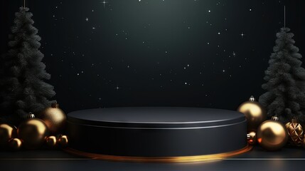 Leinwandbilder - Black podium for Christmas display on black background. Realistic black pedestal on Christmas background. Dark background.