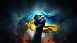 Raised fist on Ukraine flag, political news banner, victory or win concept, Ukraine protest public outrage idea, freedom symbol, punch up, struggle for human rights