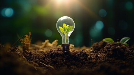 Sticker - Lightbulb is located on the soil, and plant are growing. Renewable energy generation is essential in the future.