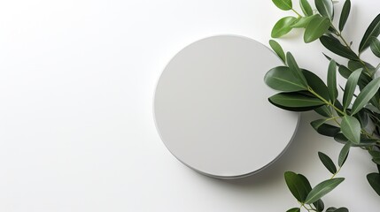 Poster - Empty round podium and green leaves on light grey background top view. Pedestal and fresh natural branches for cosmetic marketing. Eco product presentation or sale mockup. Top view. Minimal flat lay.