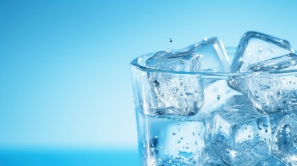 Poster - Ice cubes in a glass with crystal clear water on a blue background. Refreshing and healthy water on hot days