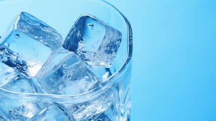Poster - Ice cubes in a glass with crystal clear water on a blue background. Refreshing and healthy water on hot days