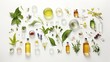 Organic cosmetic product, natural ingredient and laboratory glassware on white background, top view