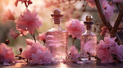 Canvas Print - Panoramic header of three essential oil bottles with rose de mai flowers in the background