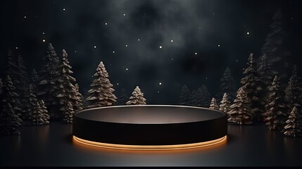 Leinwandbilder - Black podium for Christmas display on black background. Realistic black pedestal on Christmas background. Dark background.