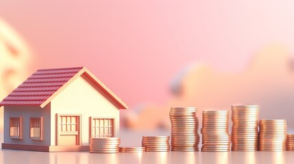 Poster - Coins stack and home on pink pastel background. Business loans for real estate concept. residential finance economy. home property investment. Saving money, working capital. 3D rendering illustration