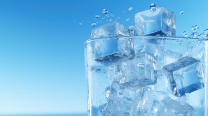 Poster - Ice cubes in a glass with crystal clear water on a blue background. Refreshing and healthy water on hot days