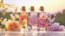 Panoramic Header Of Three Essential Oil Bottles With Rose De Mai Flowers In The Background