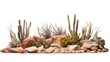 desert scene cutout, dry plants with rocks isolated on white background banner, 3d illustration