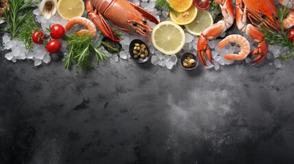 Wall Mural - Fresh seafood with herbs and lemon on ice. Prawns, fish, mussels and scallops over steel metal background. Food frame.