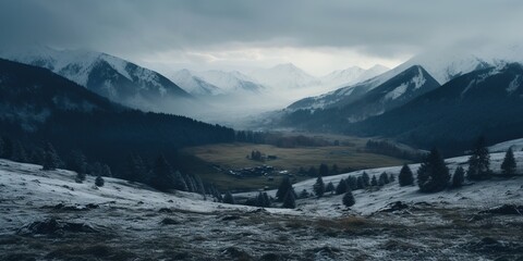 Wall Mural - Generative AI, Winter aesthetic landscape panorama, muted neutral colors, forest and mountains..