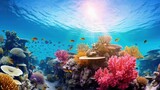Fototapeta Do akwarium - Wonderful underwater marine scenery wide angle photos, these coral reef are in healthy condition. The diversity is amazing and the marine life is abundant. The tropical waters of Indonesia.