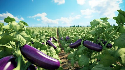 Wall Mural - Eggplant plantations grow in the field on a sunny day. Organic vegetables. Agricultural crops. Landscape agriculture. Aubergine.