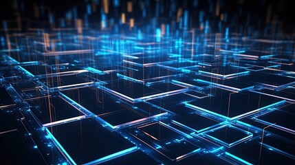 Fototapete - Abstract 3d technology and science neon visualization. Blockchain and cryptocurrency. Digital wallpaper. Business concept. Big data and artificial intelligence. Rendering computer virtual reality