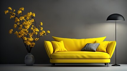 Sticker - Monochrome yellow interior. Sofa, floor lamp and indoor flower. 3D visualization