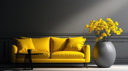 Aufkleber - Monochrome yellow interior. Sofa, floor lamp and indoor flower. 3D visualization
