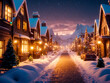 Winter city Christmas landscape. A snowy evening street in a small town shines with festive lights
