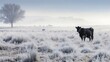 A beautiful contrast of a Black Angus Cow grazing in a white frosted field on a foggy wintry morning in open range country Idaho