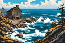 Landscape In The Mountains, A Cabin With A View Perched On A Cliff's Edge, Overlooking The Vast Expanse Of The Ocean