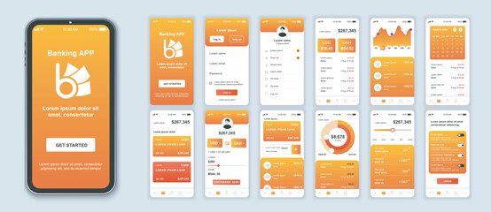 Aufkleber - Banking mobile app interface screens template set. Online account, balance, financial statistics, credit card management, analytics. Pack of UI, UX, GUI kit for application web layout. Vector design.