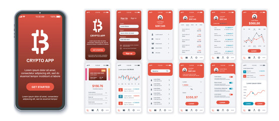 Wall Mural - crypto mobile app interface screens template set. online account, data analysis, earnings statistics