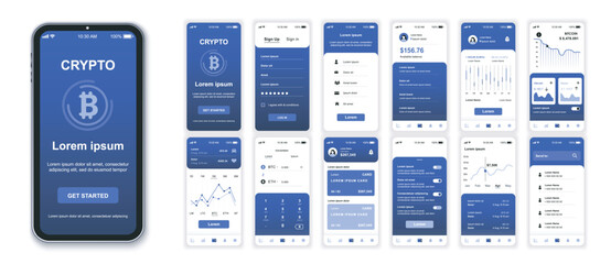Aufkleber - Crypto mobile app interface screens template set. Online account, financial analysis, earnings chart, currency exchange platform. Pack of UI, UX, GUI kit for application web layout. Vector design.