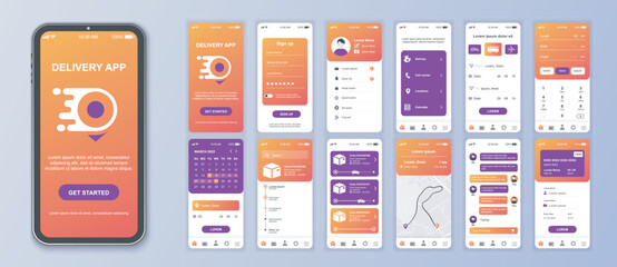 Poster - Delivery mobile app interface screens template set. Online account, courier shipping, parcel calculate, tracking order map, payment. Pack of UI, UX, GUI kit for application web layout. Vector design.