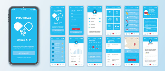 Fototapete - Pharmacy mobile app interface screens template set. Online account, find doctor, emergency, appointments, medicine shop ordering. Pack of UI, UX, GUI kit for application web layout. Vector design.