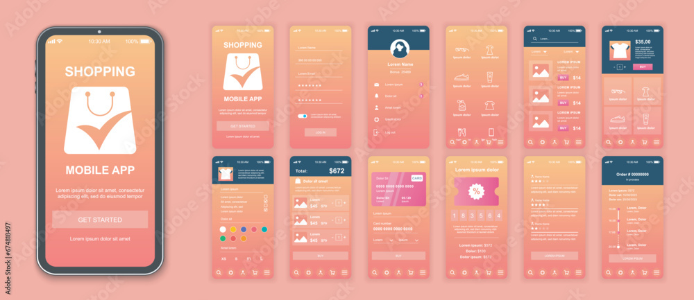Shopping mobile app interface screens template set. Online account ...
